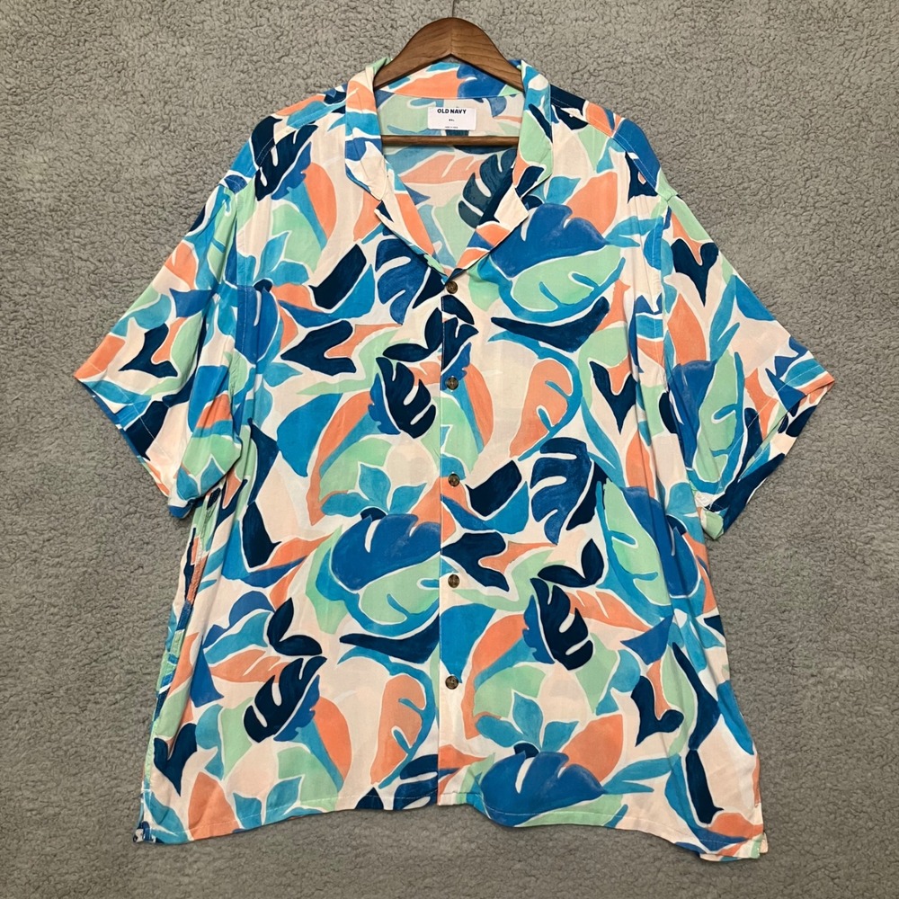 Old Navy Button Up Camp Shirt Men XXL Tropical Leaf Short Sleeve Hawaiian Resort